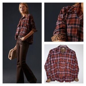 Pilcro Anthropologie Womens Cropped Button Plaid Shirt Size S Leopard Brown Pink